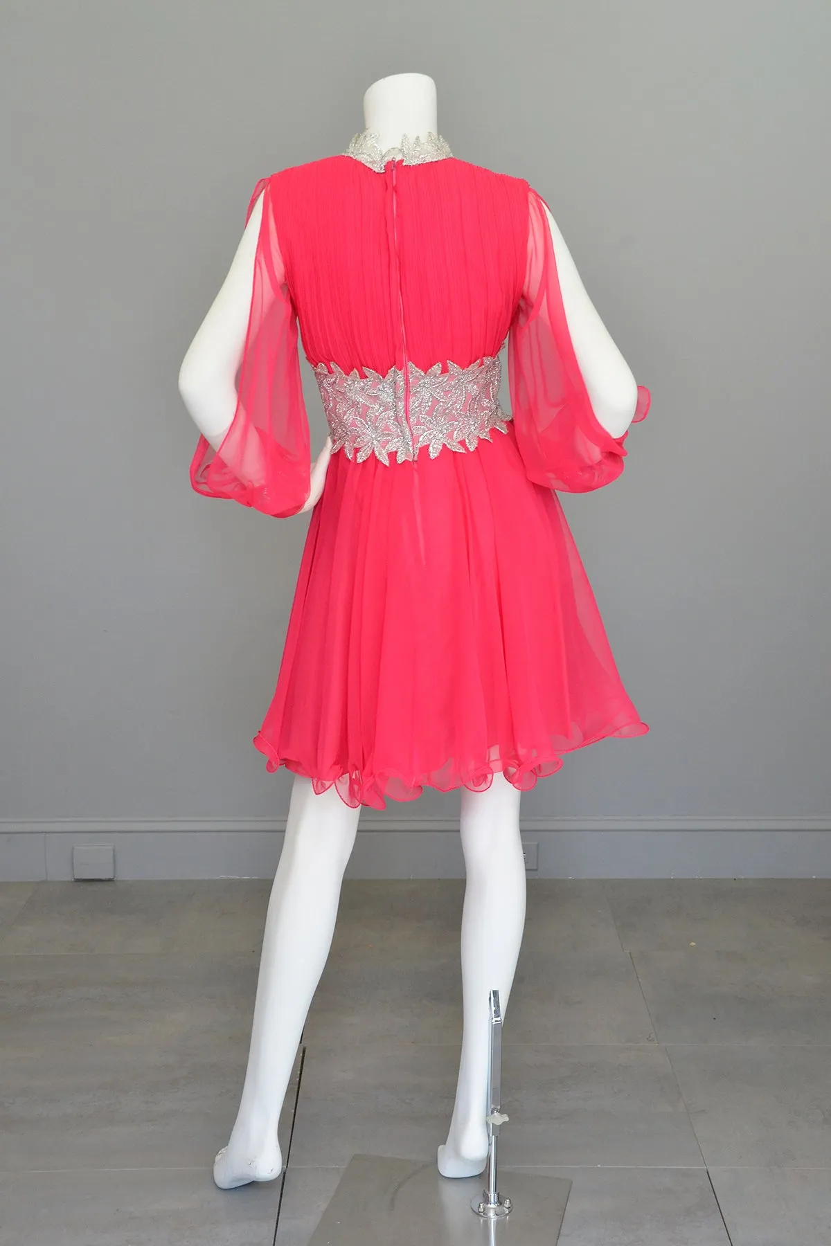 1960s Hot Pink Chiffon Party Dress with Silver Lamé Waistline | Disco Dress