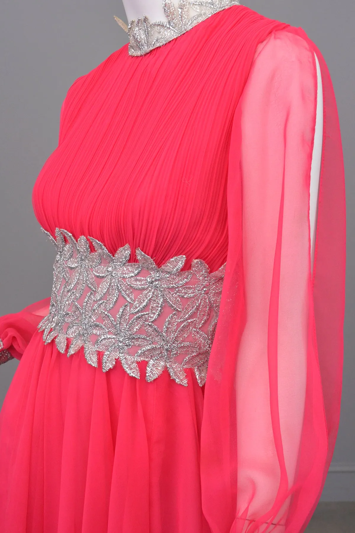 1960s Hot Pink Chiffon Party Dress with Silver Lamé Waistline | Disco Dress