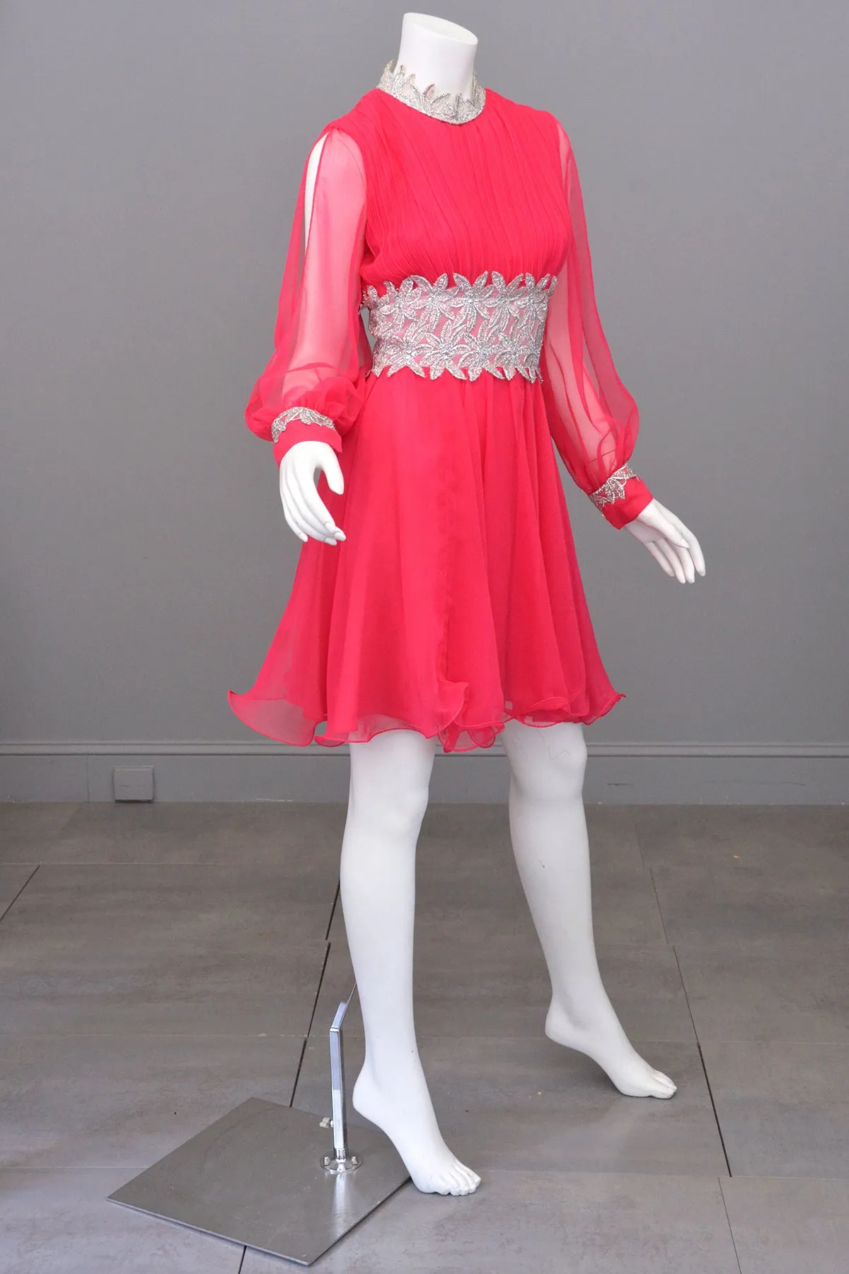 1960s Hot Pink Chiffon Party Dress with Silver Lamé Waistline | Disco Dress