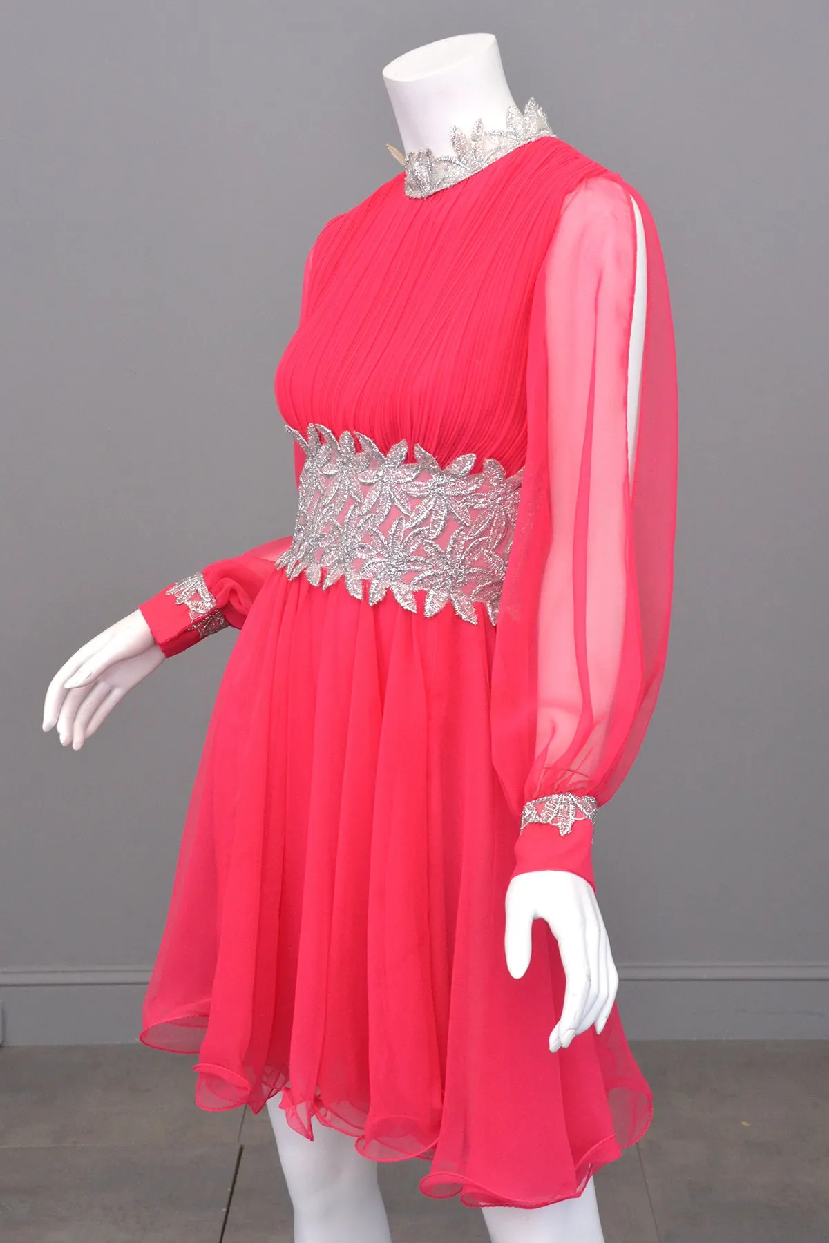 1960s Hot Pink Chiffon Party Dress with Silver Lamé Waistline | Disco Dress