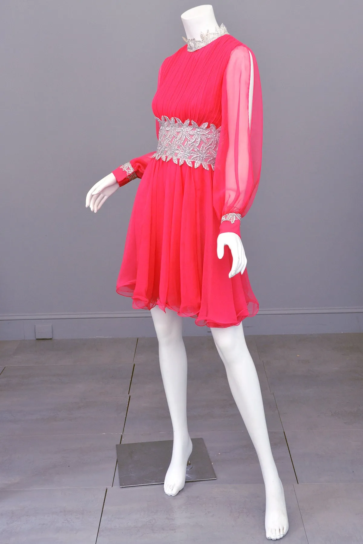 1960s Hot Pink Chiffon Party Dress with Silver Lamé Waistline | Disco Dress