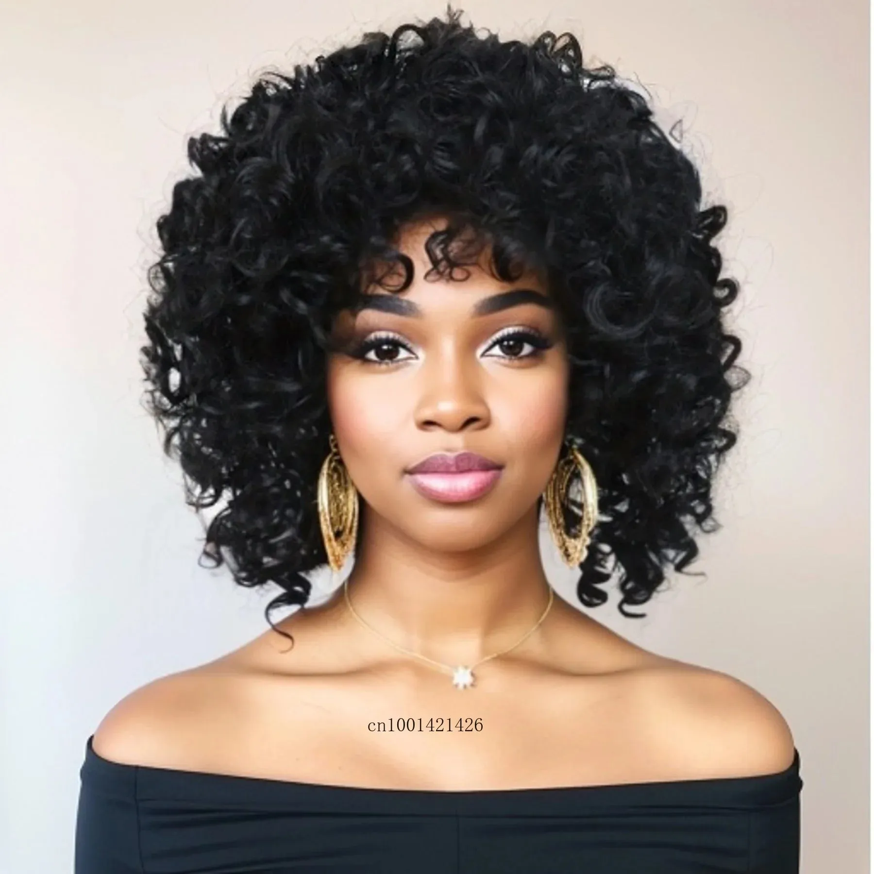 Afro Curly Wigs for Women Synthetic Hair Ombre Brown Wig with Bangs Heat Resitant Fiber Costume Wigs Natural Haircuts Mommy Wig