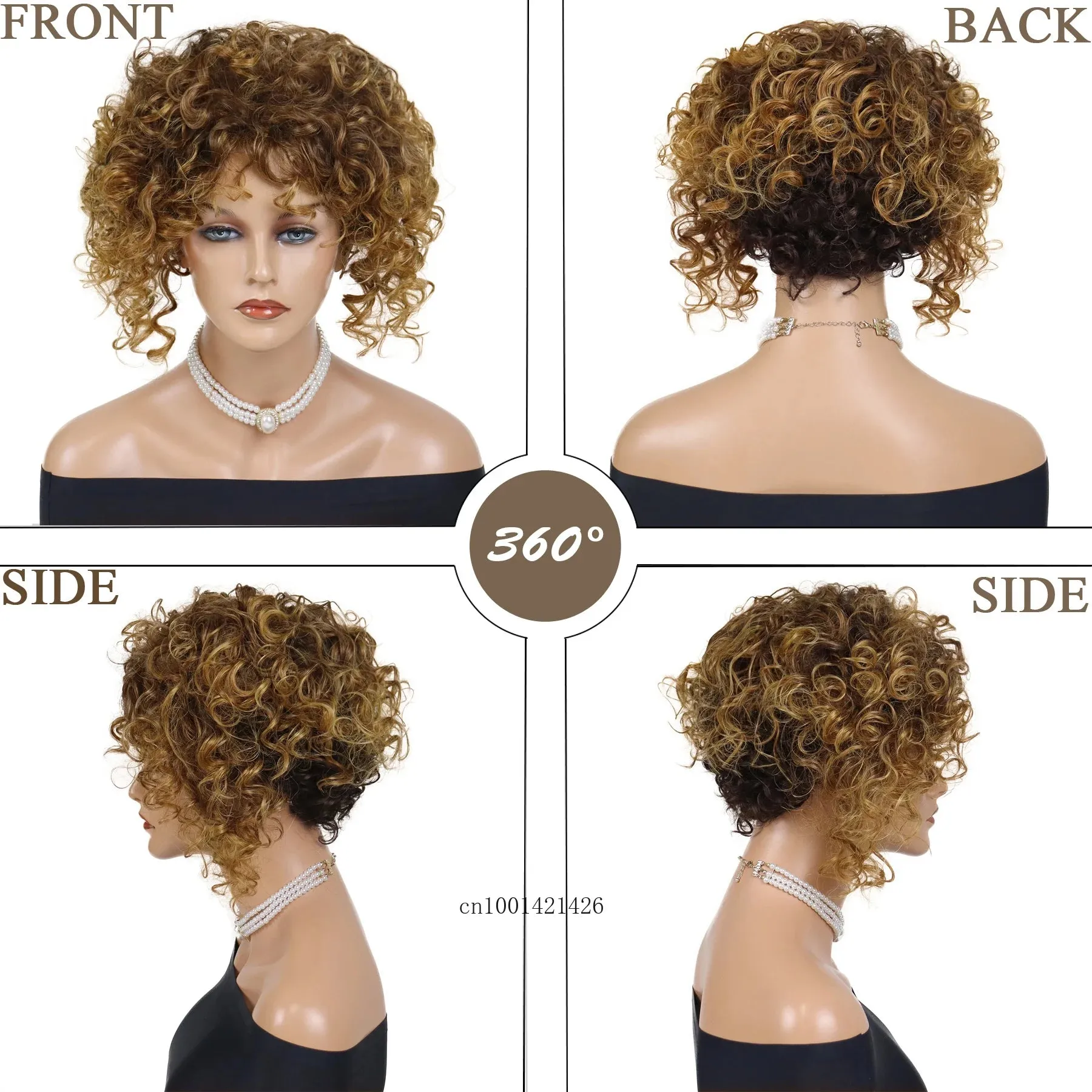 Afro Curly Wigs for Women Synthetic Hair Ombre Brown Wig with Bangs Heat Resitant Fiber Costume Wigs Natural Haircuts Mommy Wig