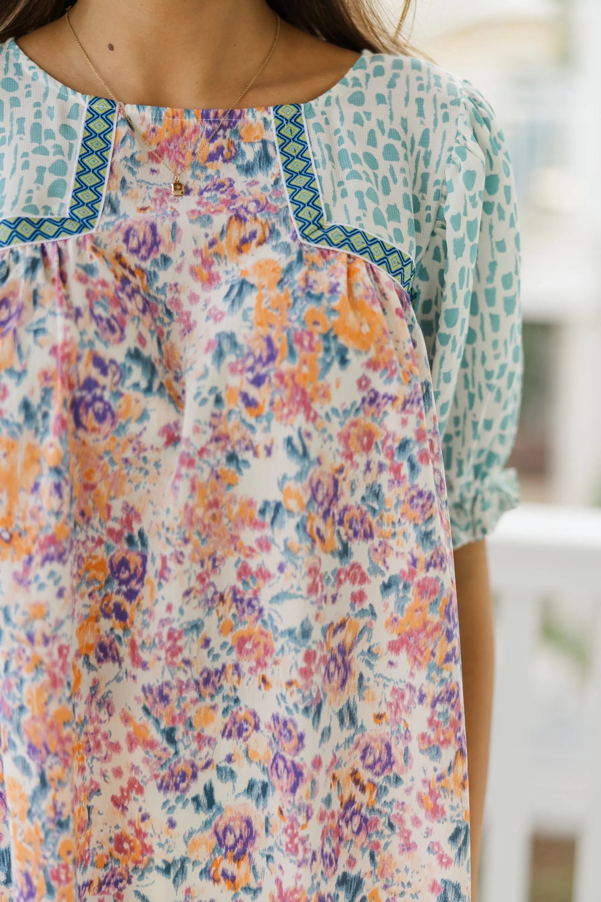 All About You Aqua & Pink Floral Blouse