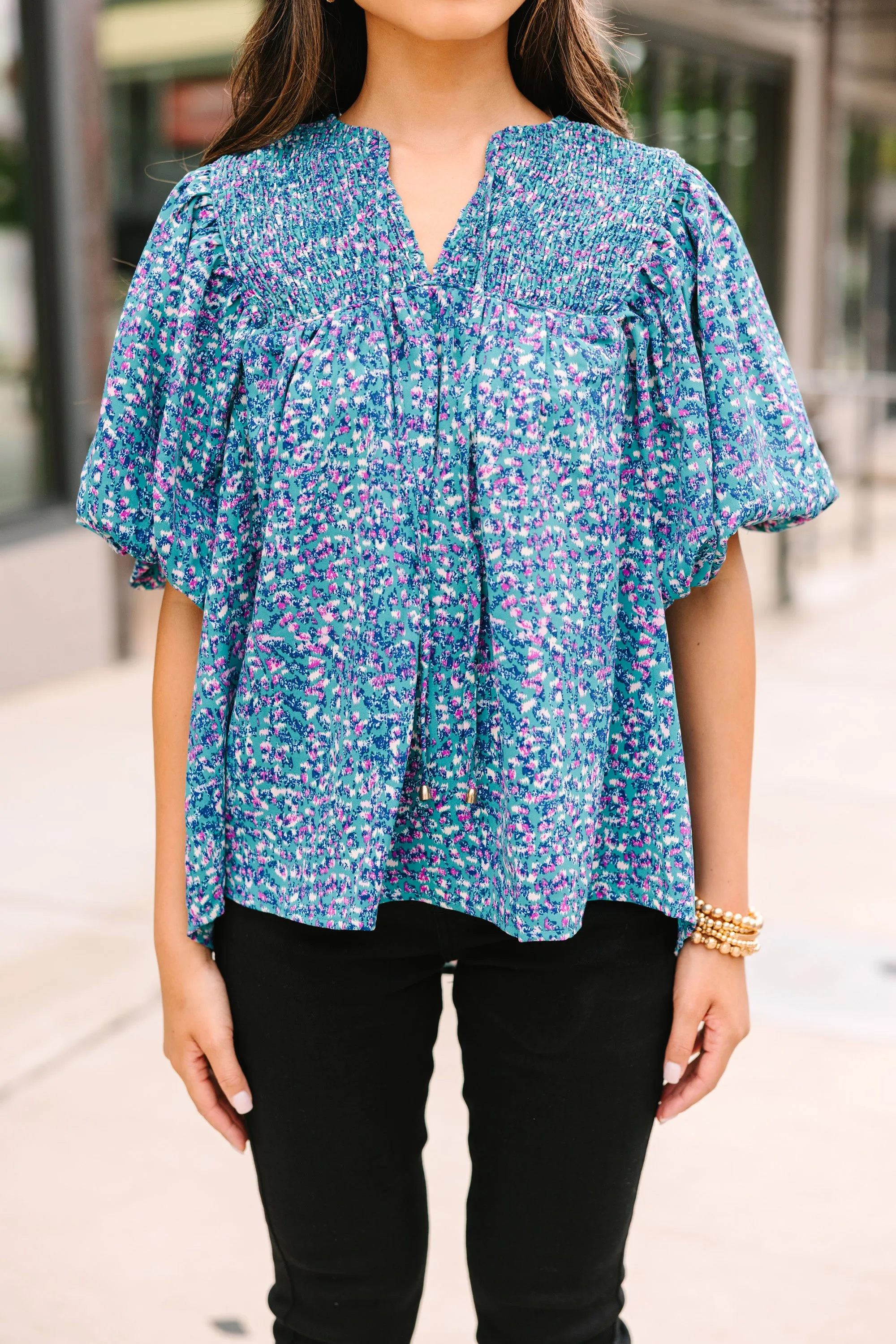 All For You Teal Blue Abstract Blouse