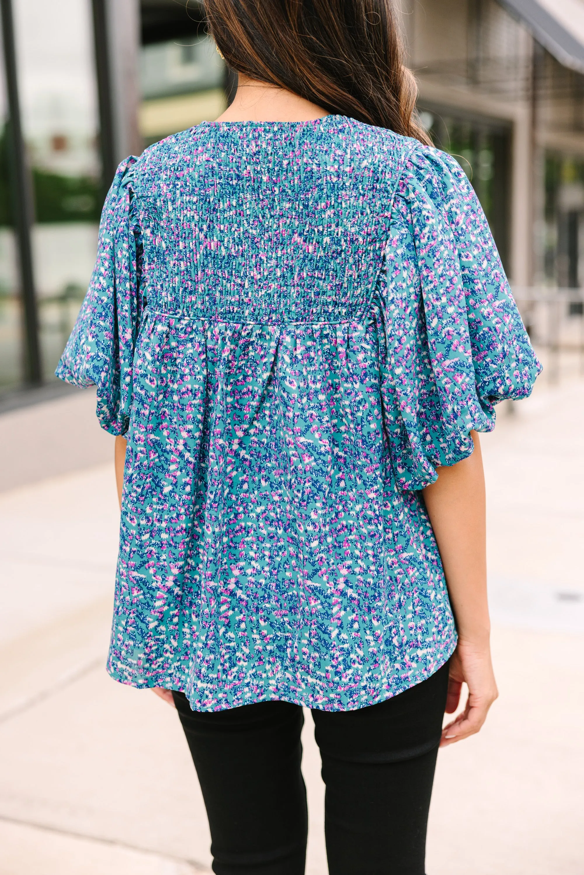 All For You Teal Blue Abstract Blouse