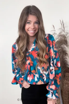 All I Ask Teal Floral Abstract Print V Neck Smocked Top