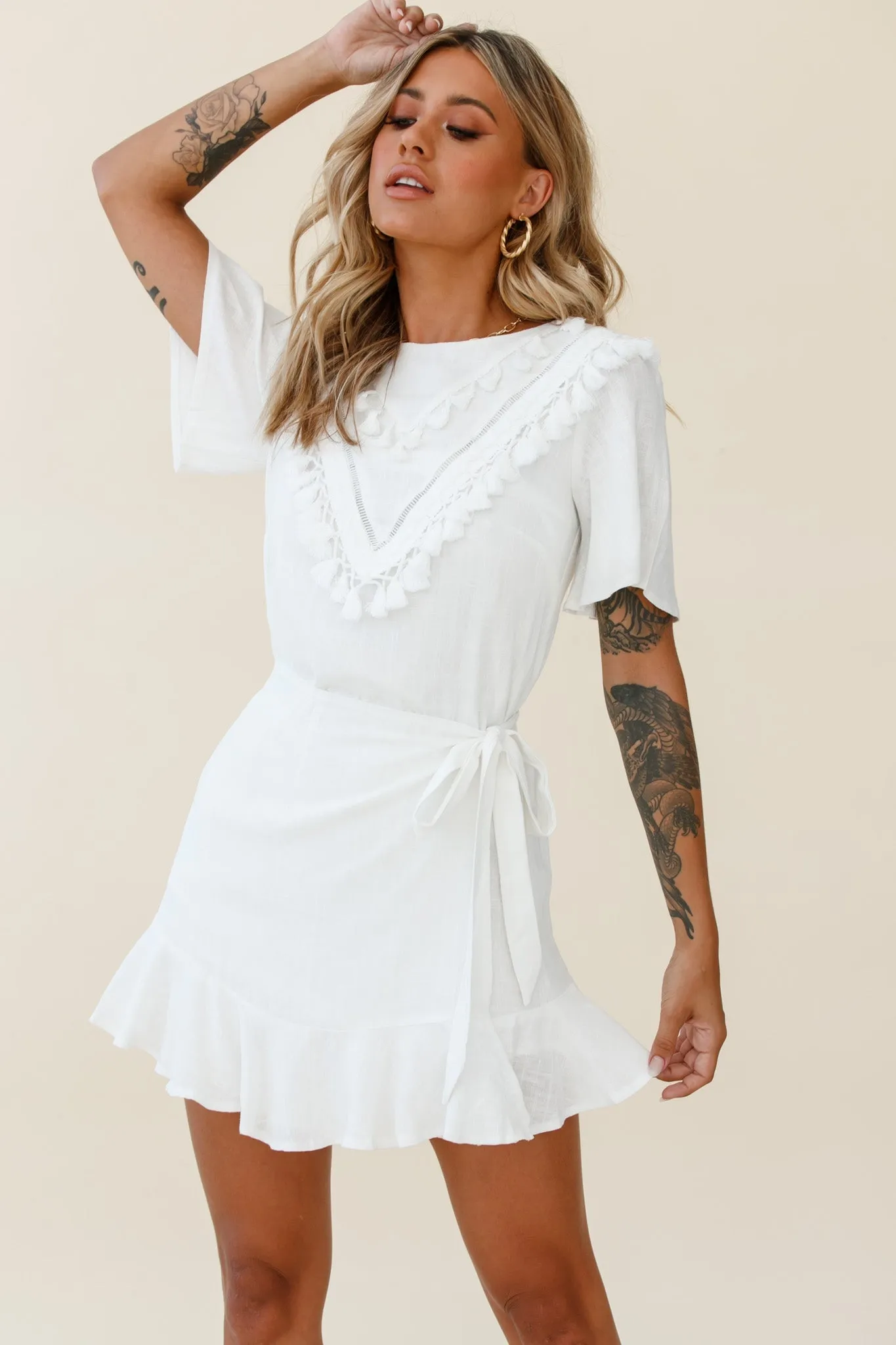 Angelique Tassel Bust Wrap Bottom Dress White