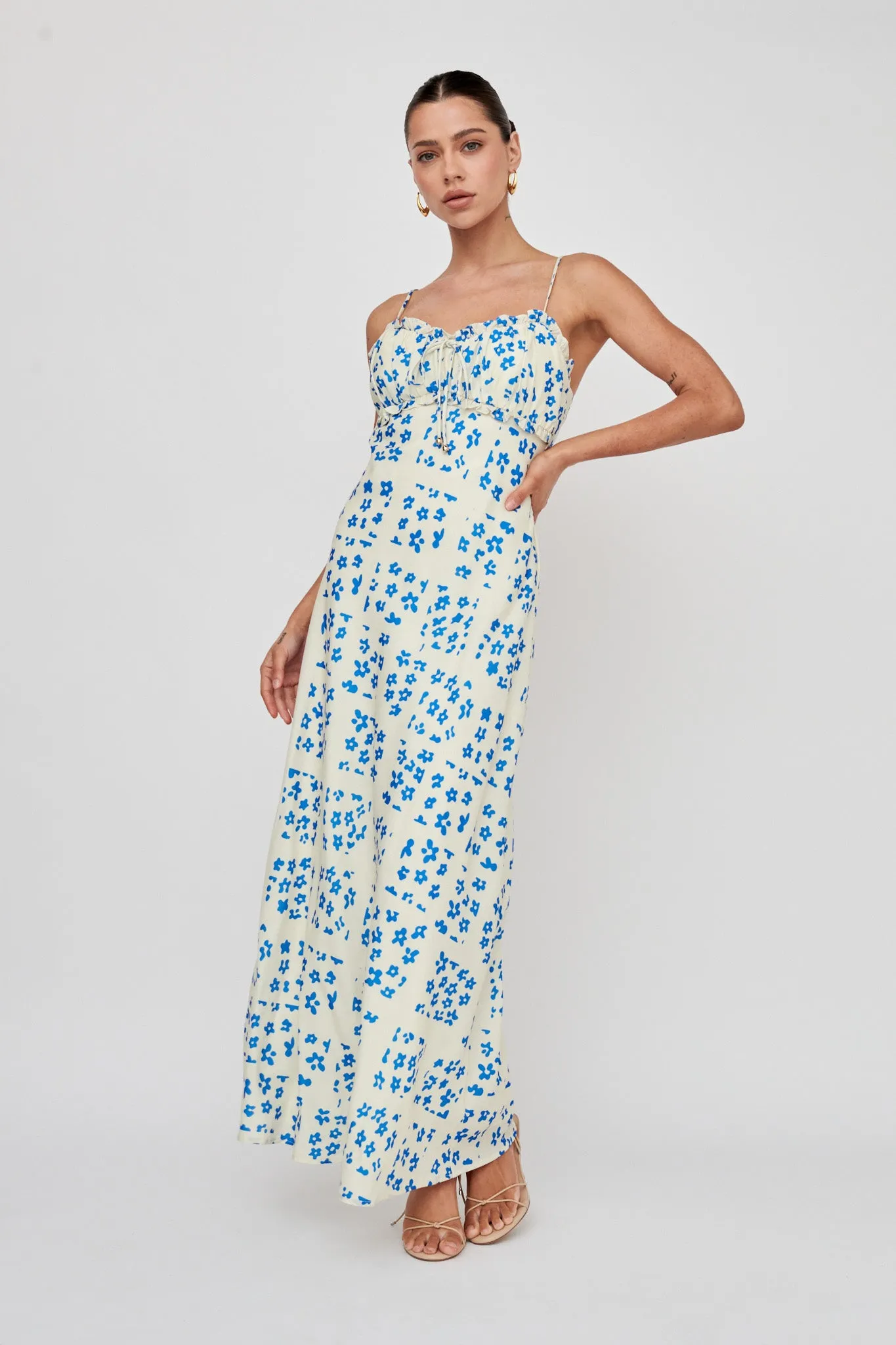 Anja Frill Trim Maxi Dress Print Cream Blue