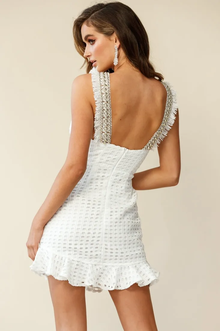 Argyle Bead & Fringe Trim Ruffle Hem Dress White