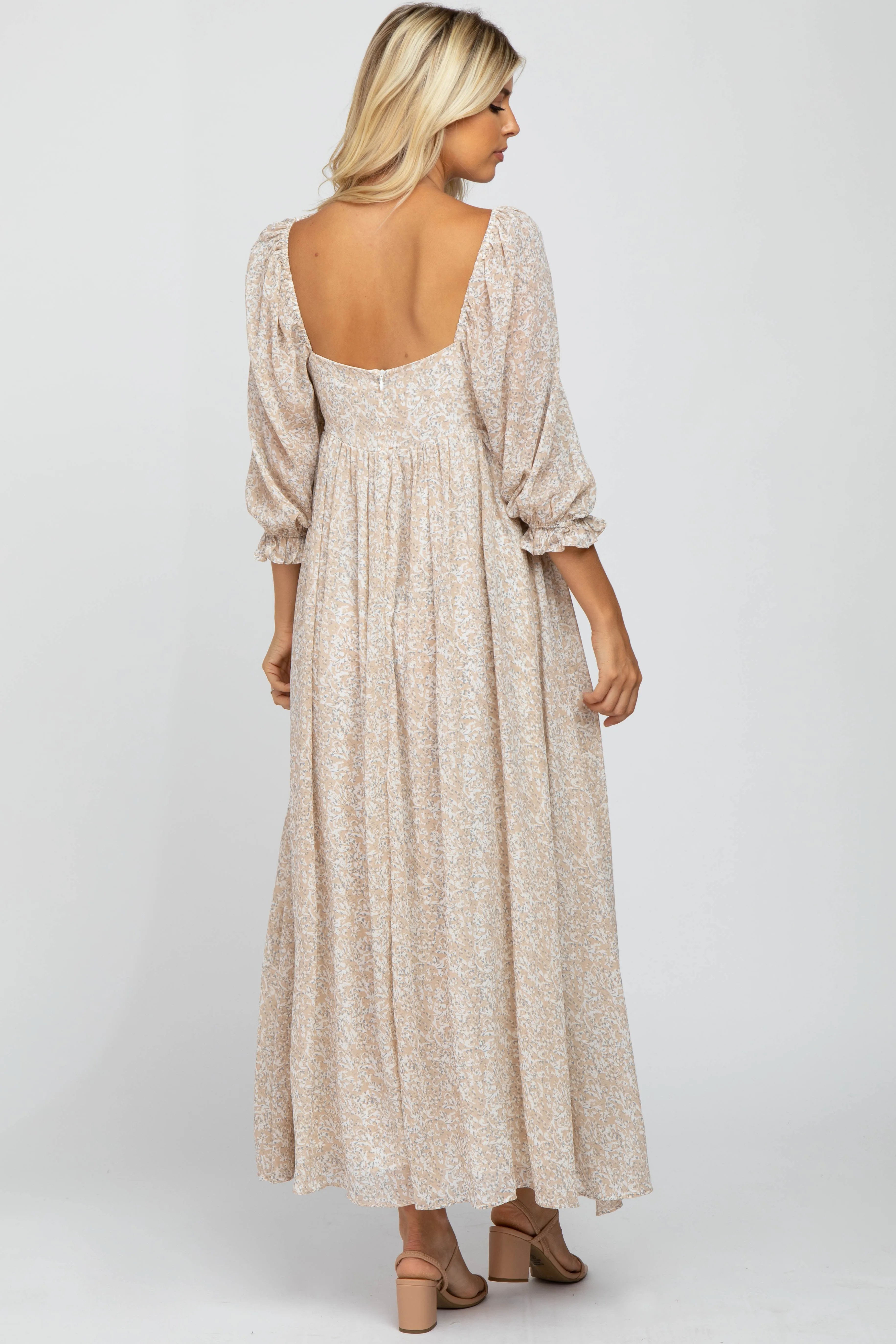 Beige Chiffon Printed Square Neck Empire Maxi Dress