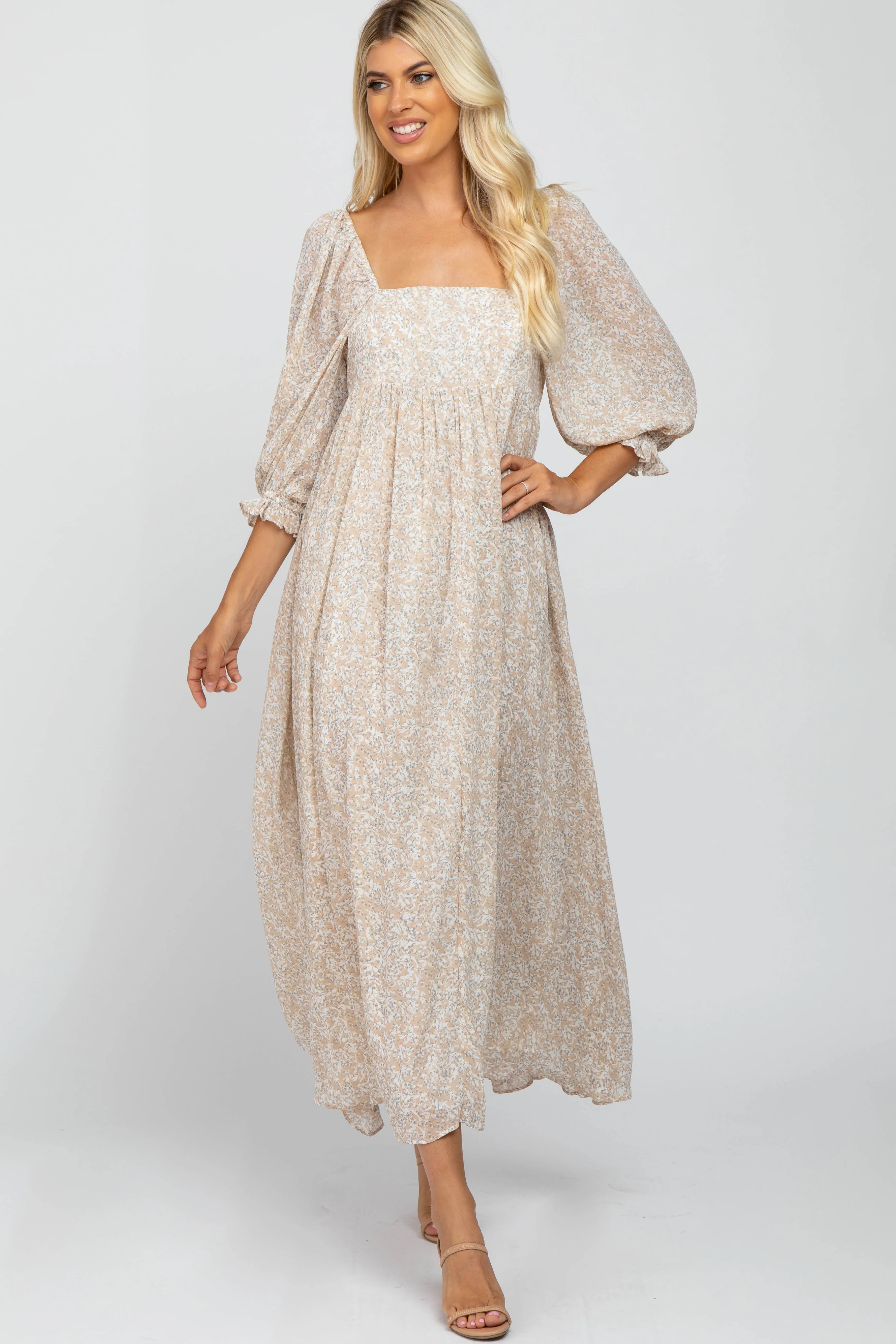 Beige Chiffon Printed Square Neck Empire Maxi Dress