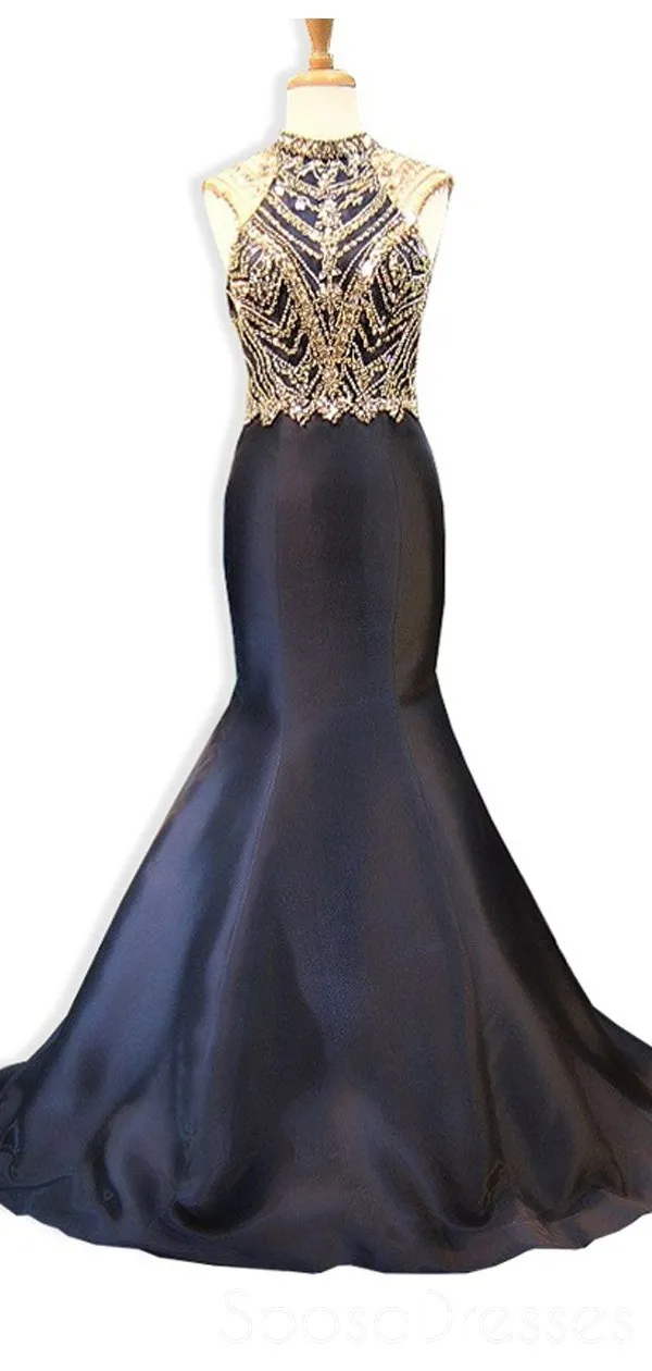 Black Open Back Beaded Mermaid Long Evening Prom Dresses, Cheap Custom Sweet 16 Dresses, 18529