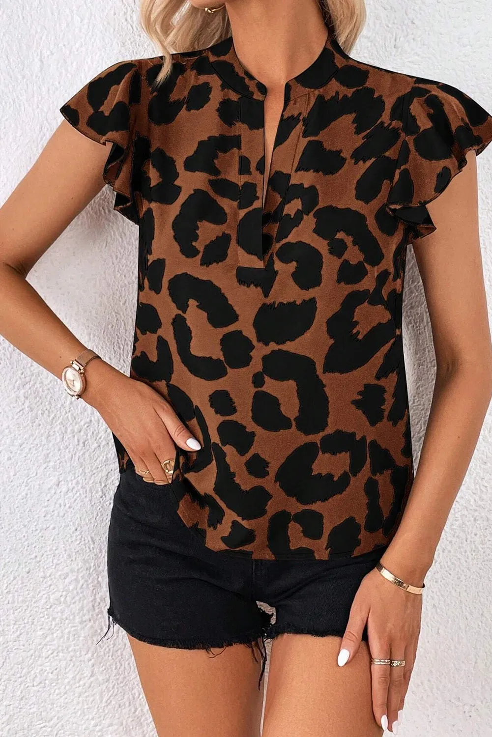 Brown Leopard Ruffled Flutter Sleeve Split Neck Blouse