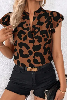 Brown Leopard Ruffled Flutter Sleeve Split Neck Blouse