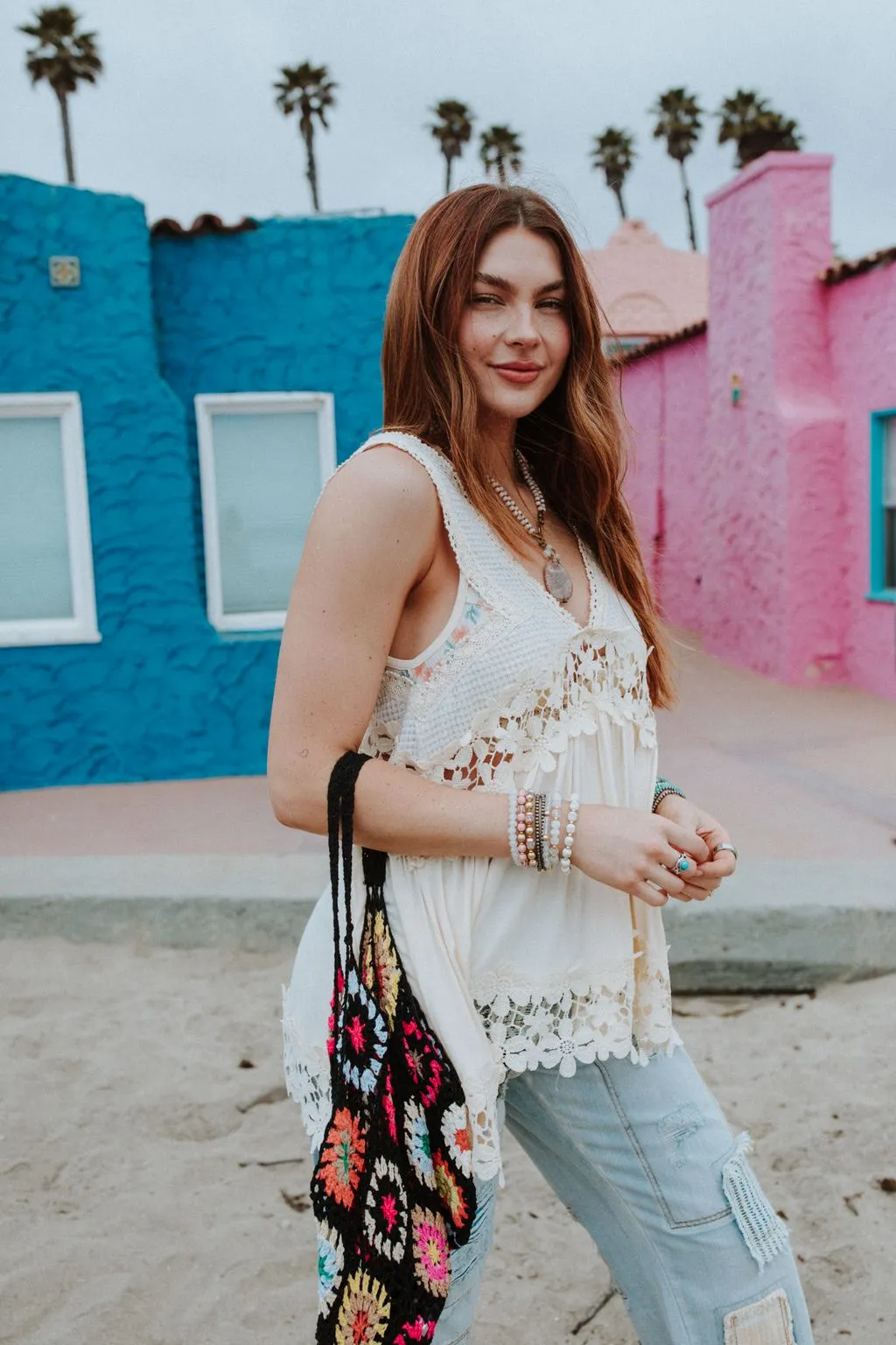 Catania Lace Trim Tunic Top - Cream