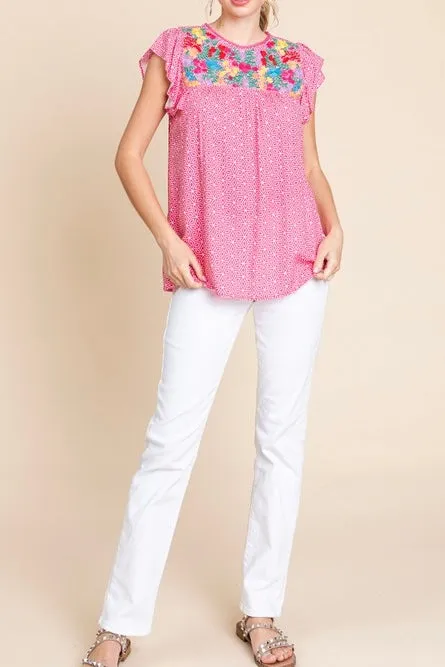 Embroidered Top with Ruffle Sleeves- Fuchsia