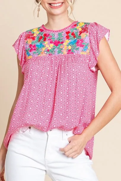 Embroidered Top with Ruffle Sleeves- Fuchsia