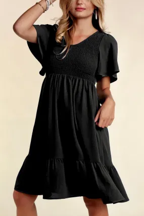 Fit & Flare Smocked Solid Dress with Side Pockets- Black