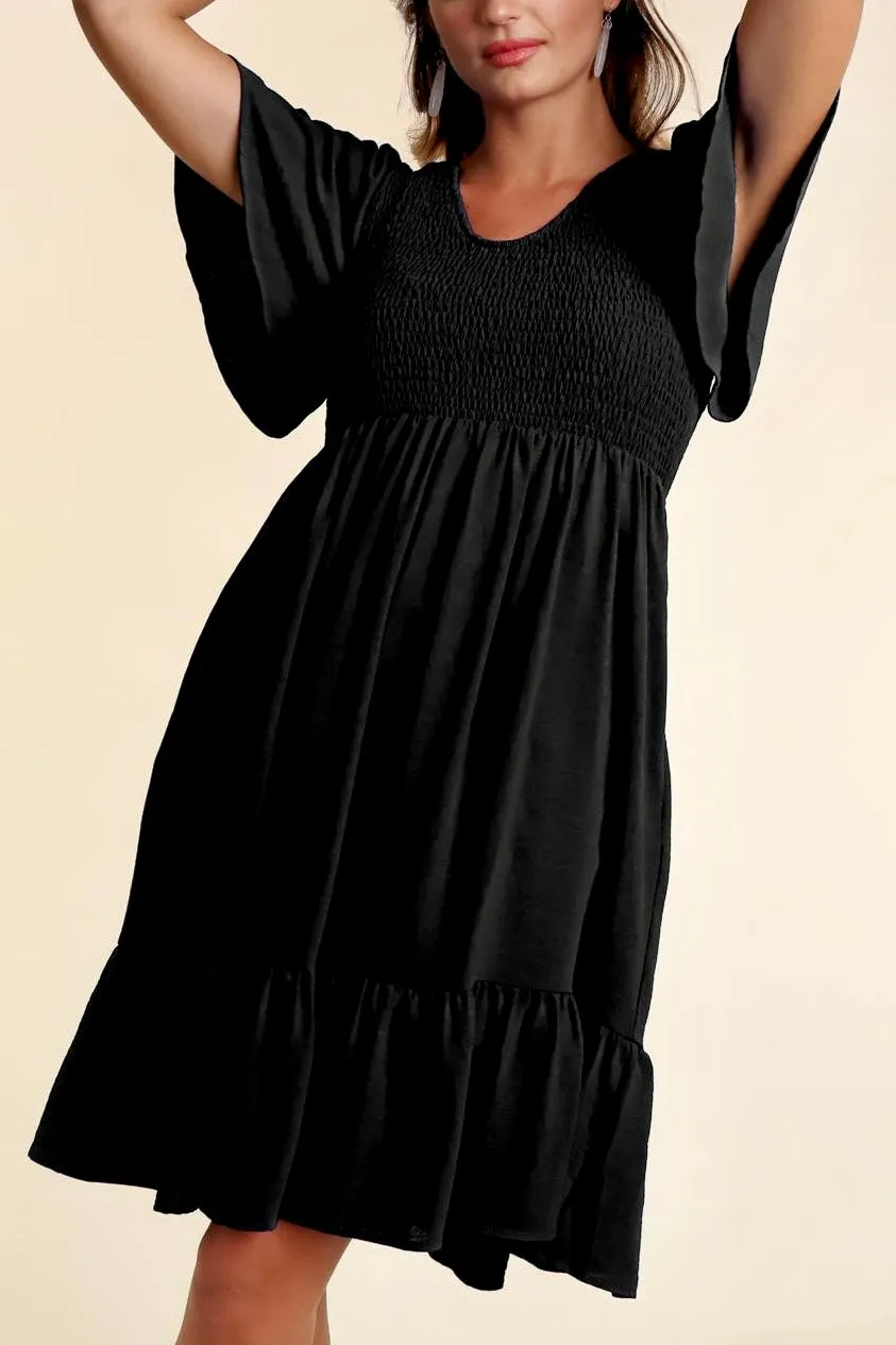 Fit & Flare Smocked Solid Dress with Side Pockets- Black