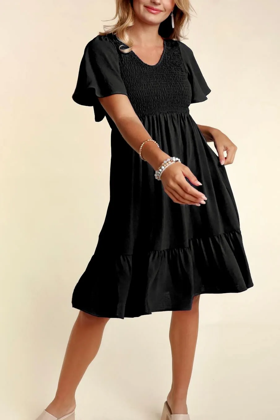 Fit & Flare Smocked Solid Dress with Side Pockets- Black