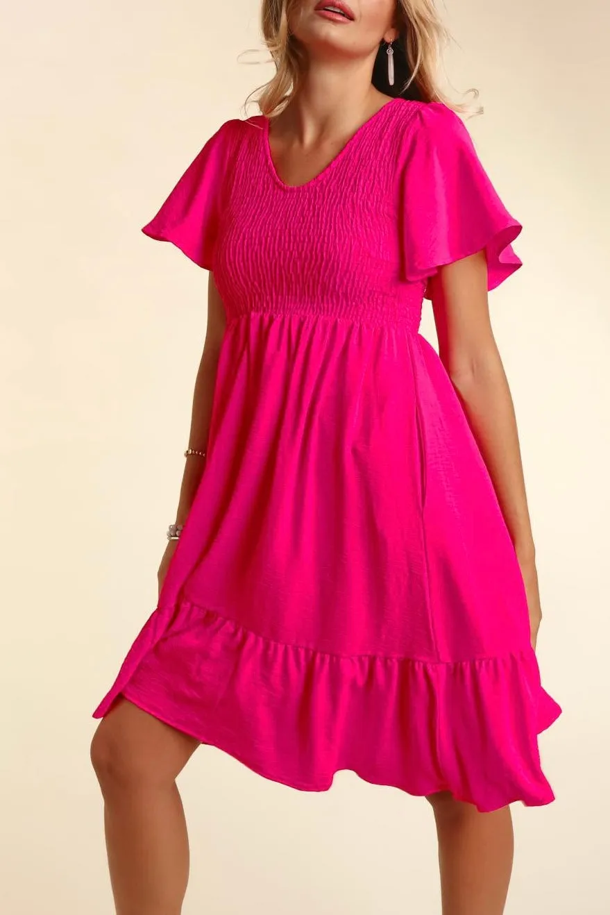 Fit & Flare Smocked Solid Dress with Side Pockets- Hot Pink