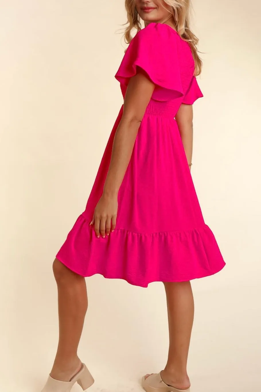 Fit & Flare Smocked Solid Dress with Side Pockets- Hot Pink