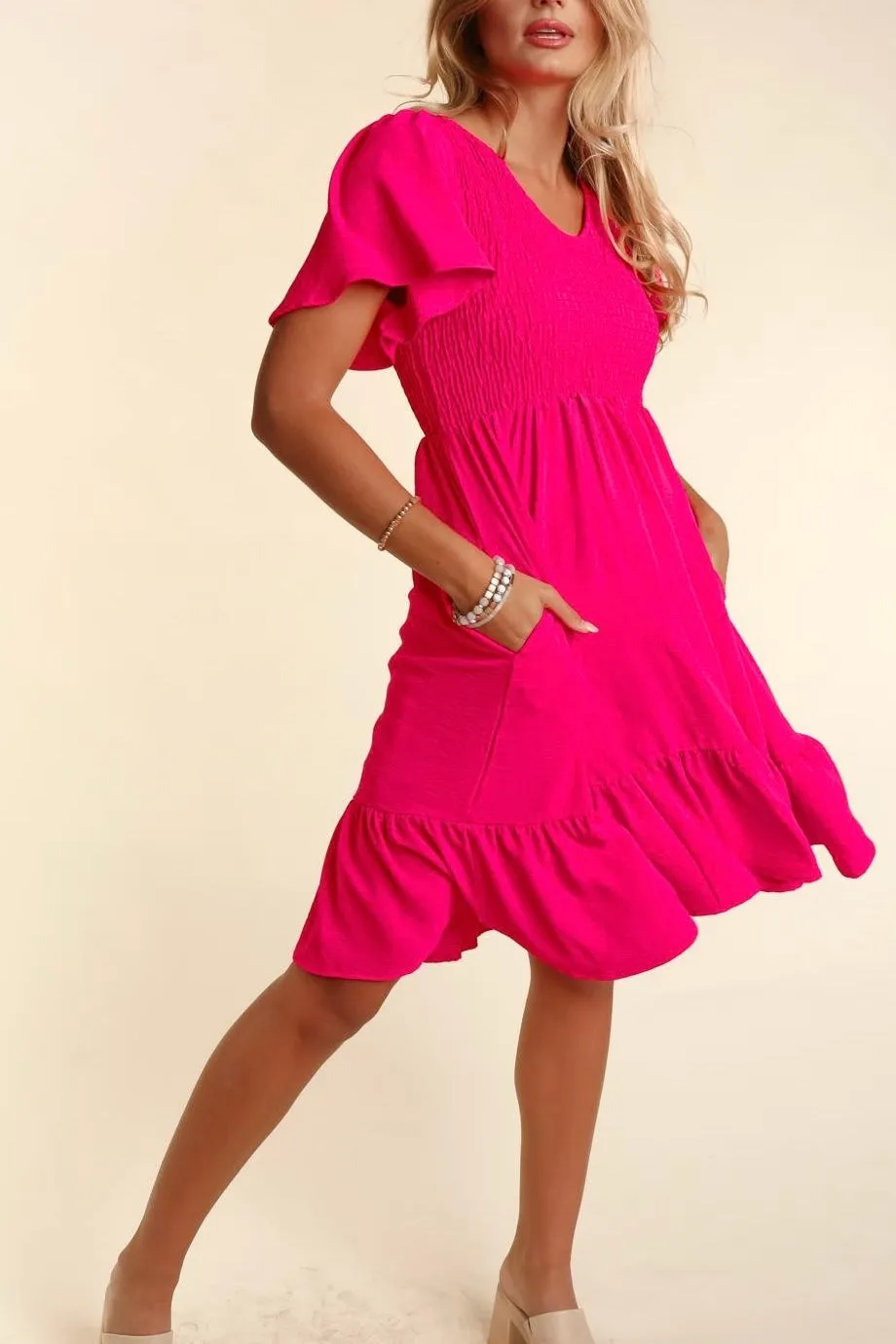 Fit & Flare Smocked Solid Dress with Side Pockets- Hot Pink