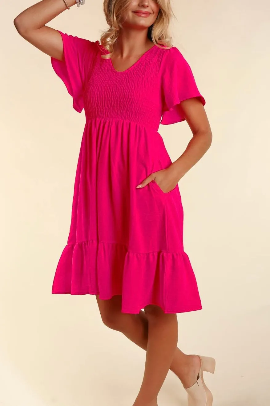 Fit & Flare Smocked Solid Dress with Side Pockets- Hot Pink