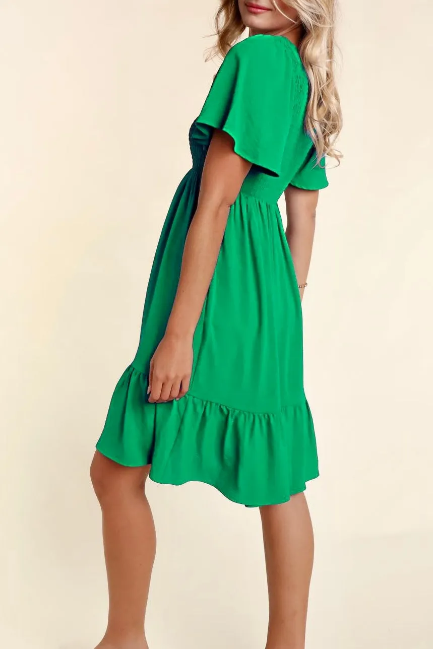 Fit & Flare Smocked Solid Dress with Side Pockets- Kelly Green