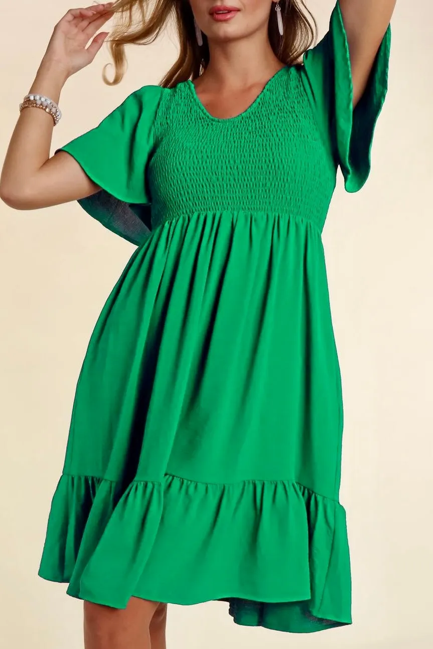 Fit & Flare Smocked Solid Dress with Side Pockets- Kelly Green