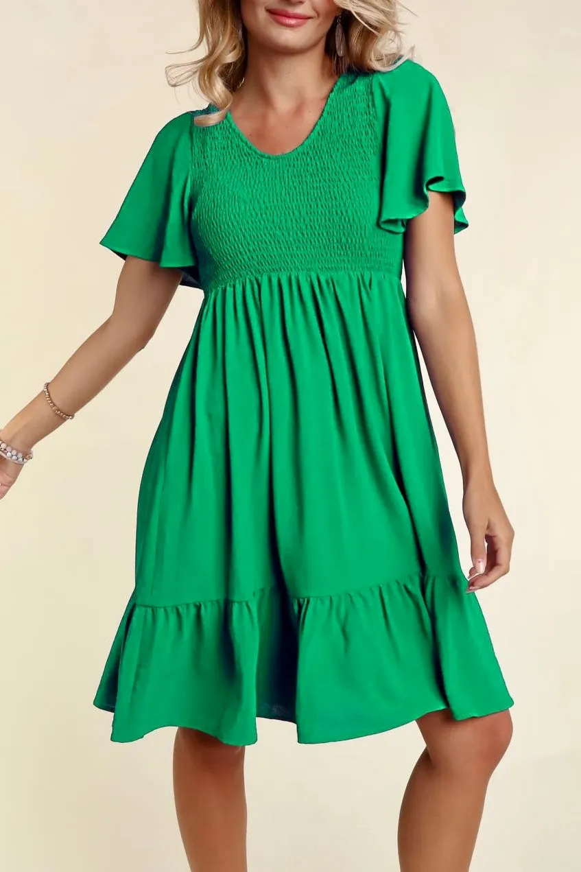 Fit & Flare Smocked Solid Dress with Side Pockets- Kelly Green