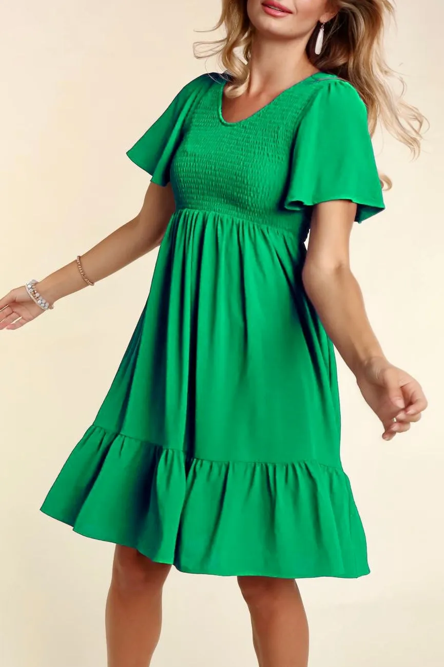 Fit & Flare Smocked Solid Dress with Side Pockets- Kelly Green