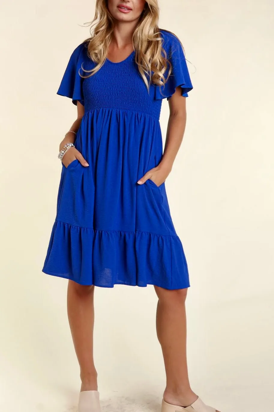 Fit & Flare Smocked Solid Dress with Side Pockets- Royal Blue