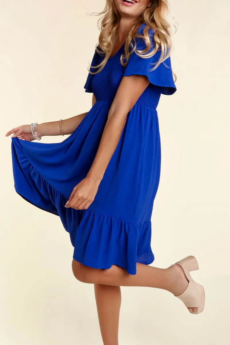 Fit & Flare Smocked Solid Dress with Side Pockets- Royal Blue