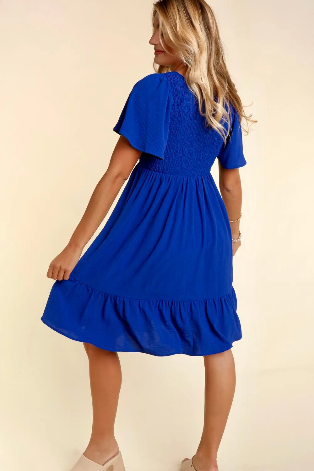 Fit & Flare Smocked Solid Dress with Side Pockets- Royal Blue