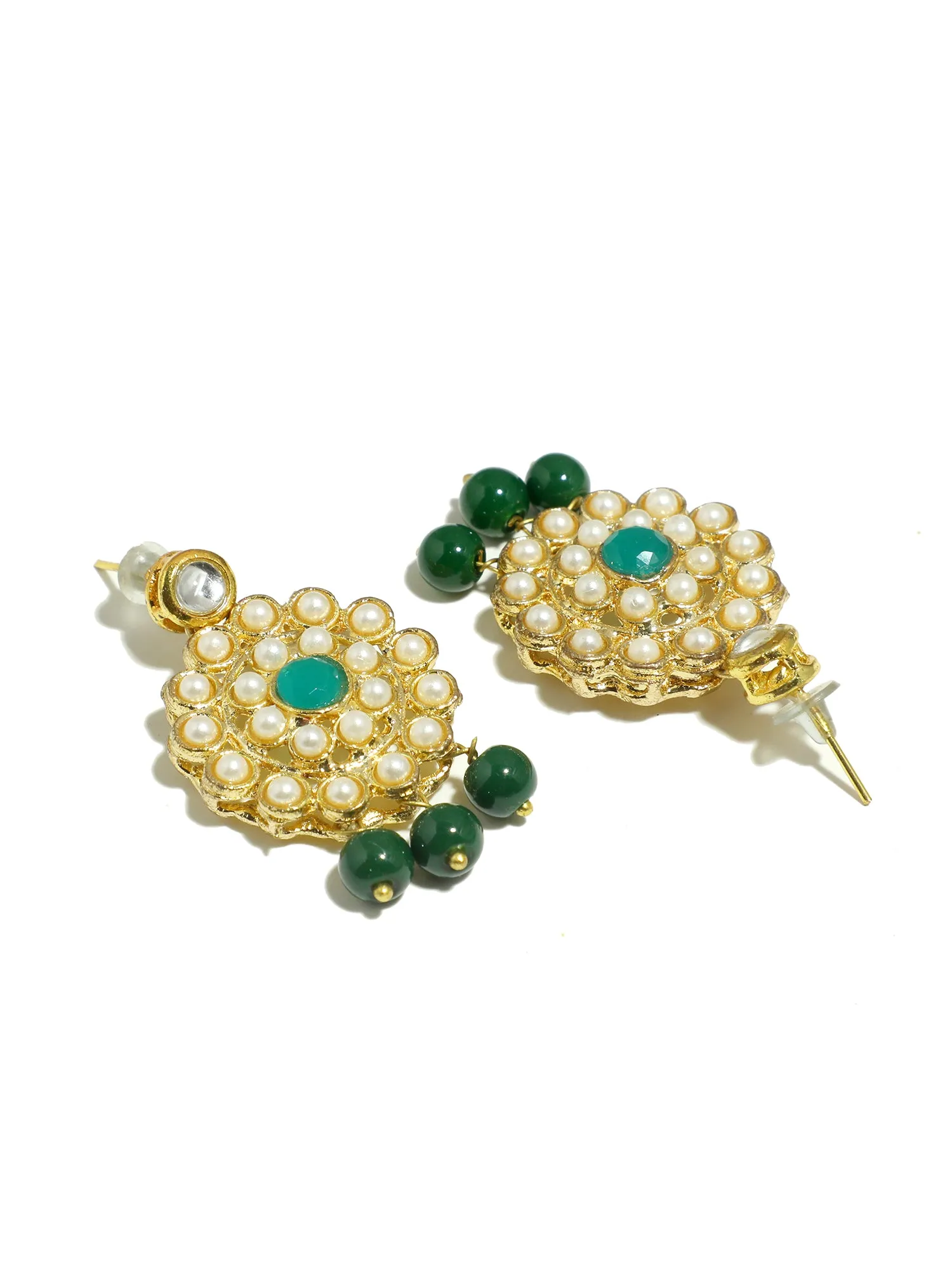 Gold Plated Green Beads Kundan Dangler Earrings for Women