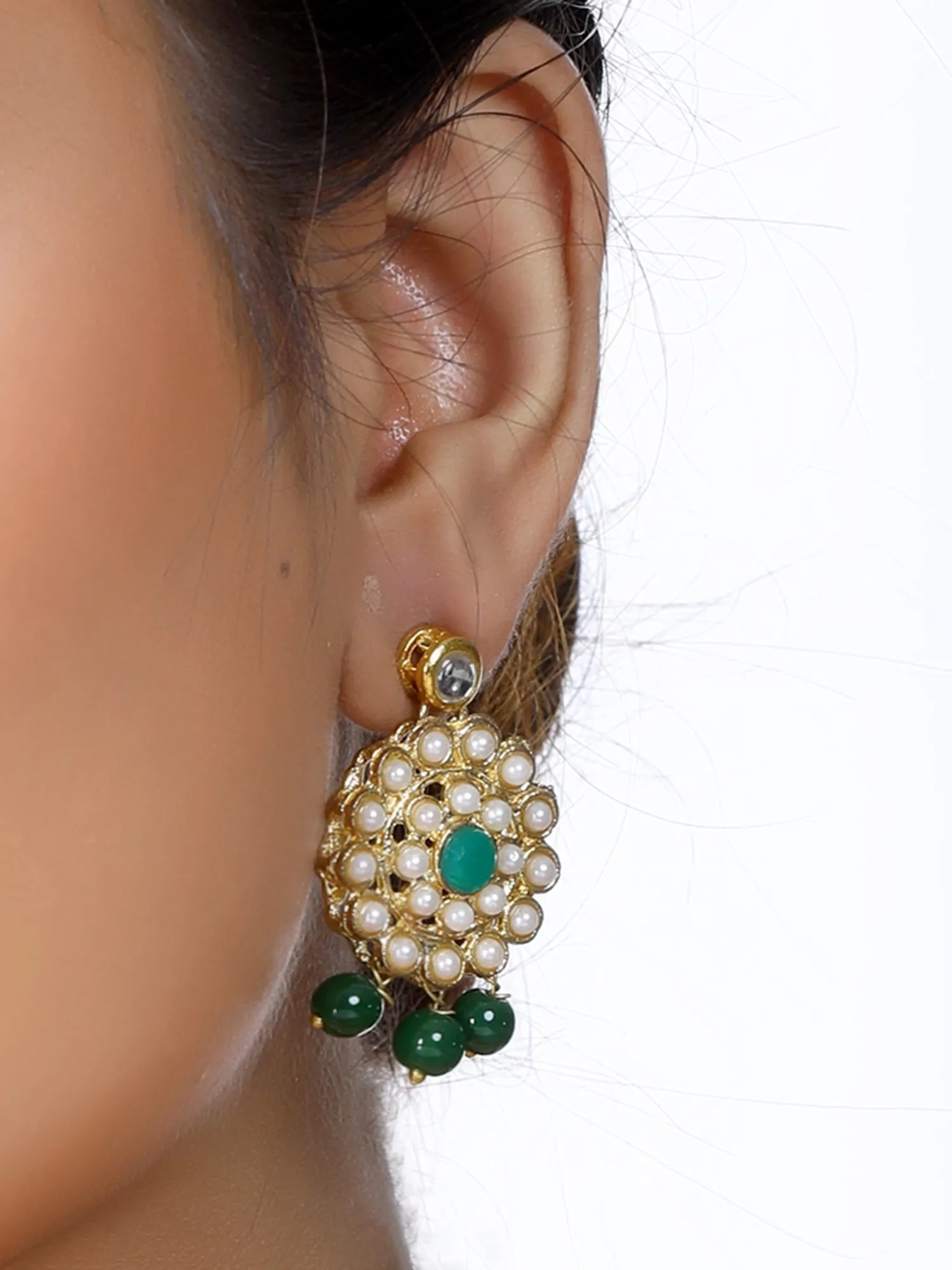 Gold Plated Green Beads Kundan Dangler Earrings for Women