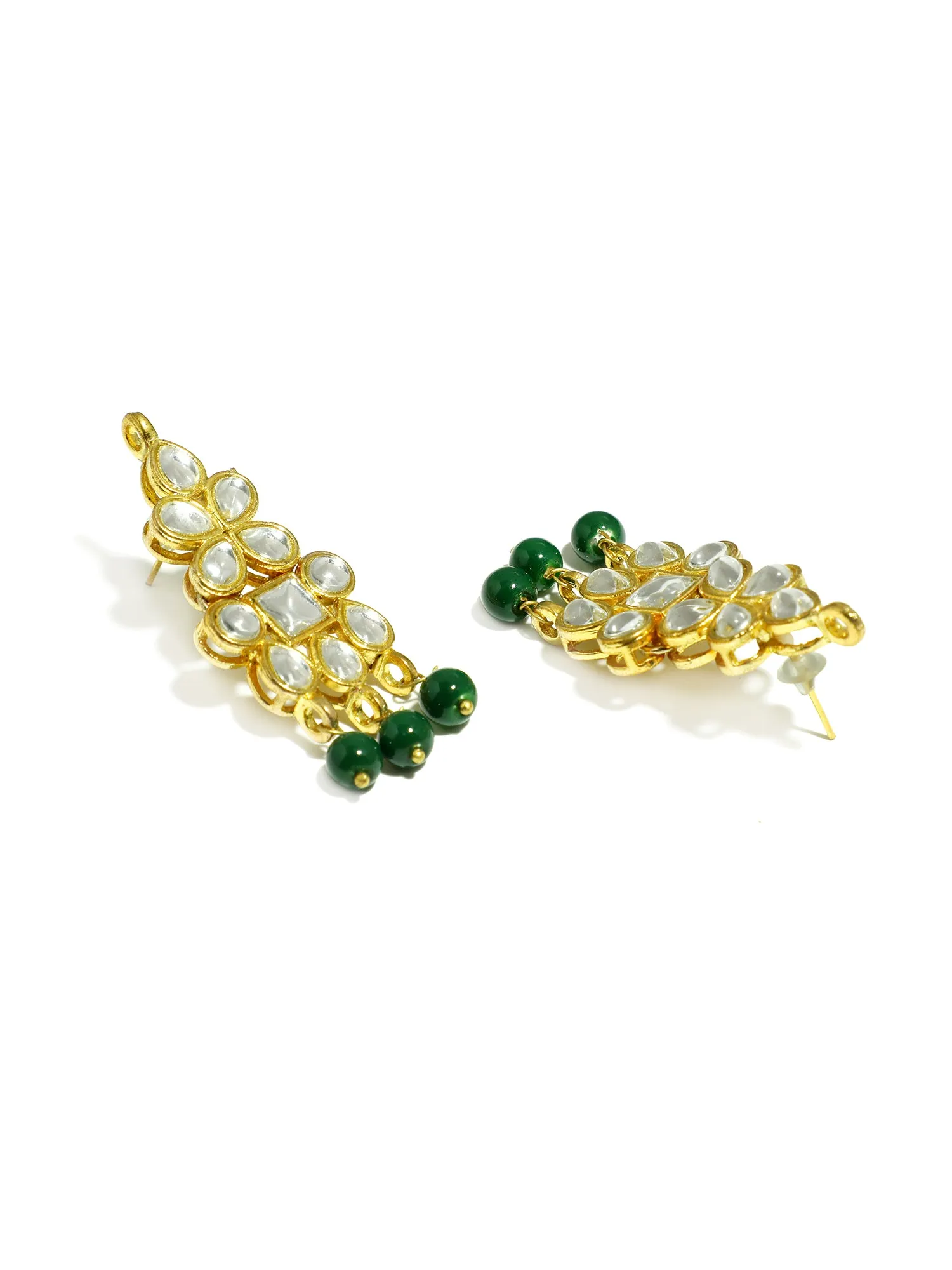 Gold Plated Green Beads Kundan Dangler Earrings with Maangtikka for Women