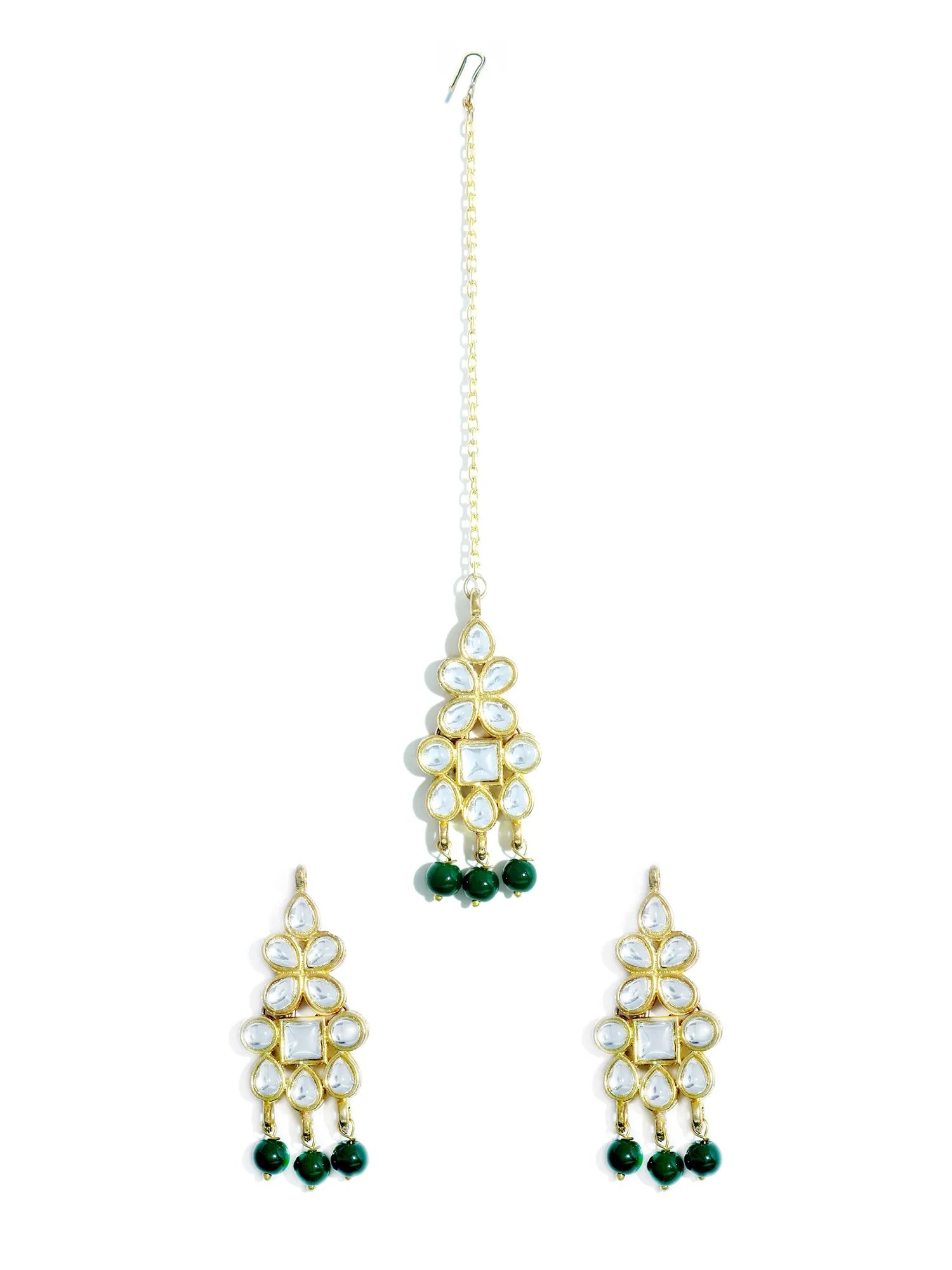 Gold Plated Green Beads Kundan Dangler Earrings with Maangtikka for Women