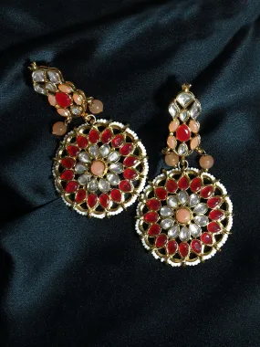 Gold Plated Peach and Red Kundan Dangler Earrings for Women