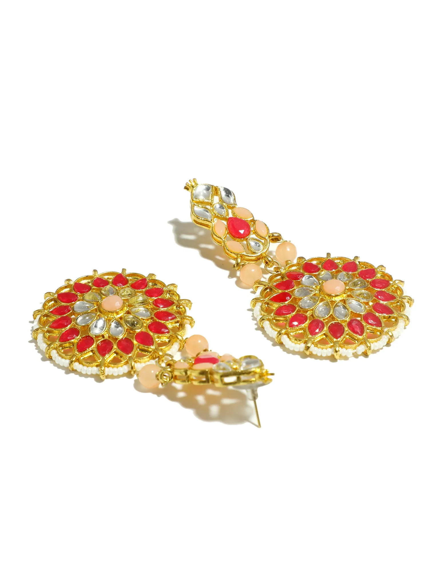 Gold Plated Peach and Red Kundan Dangler Earrings for Women