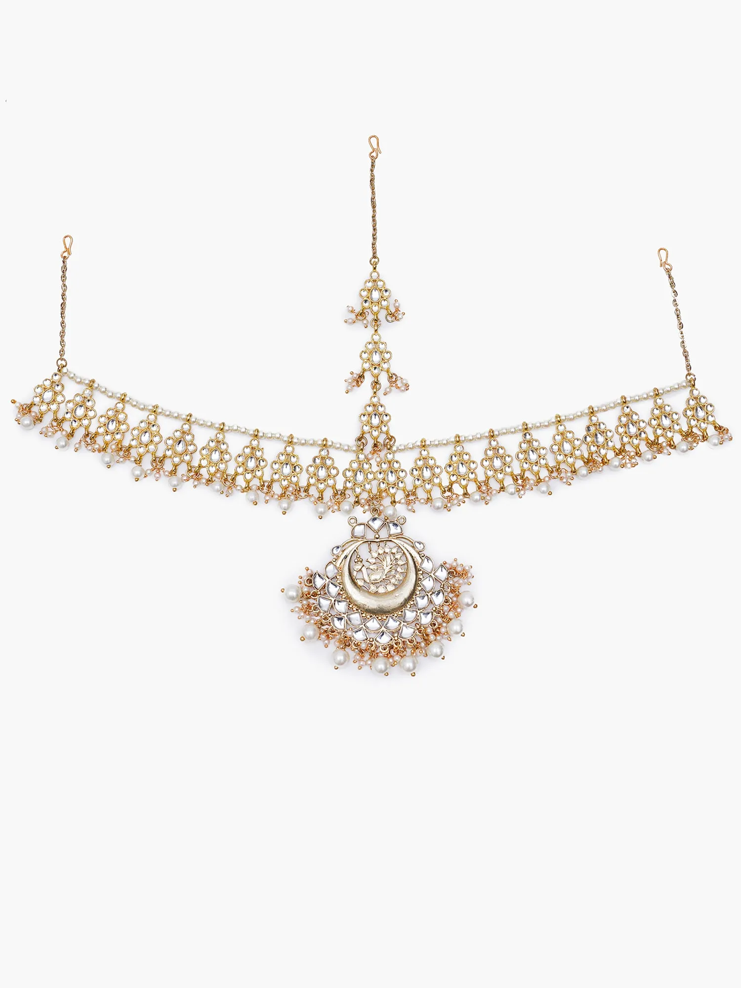 Gold Plated Peacock Shaped Pearl Studded Handcrafted Kundan Sheeshphool