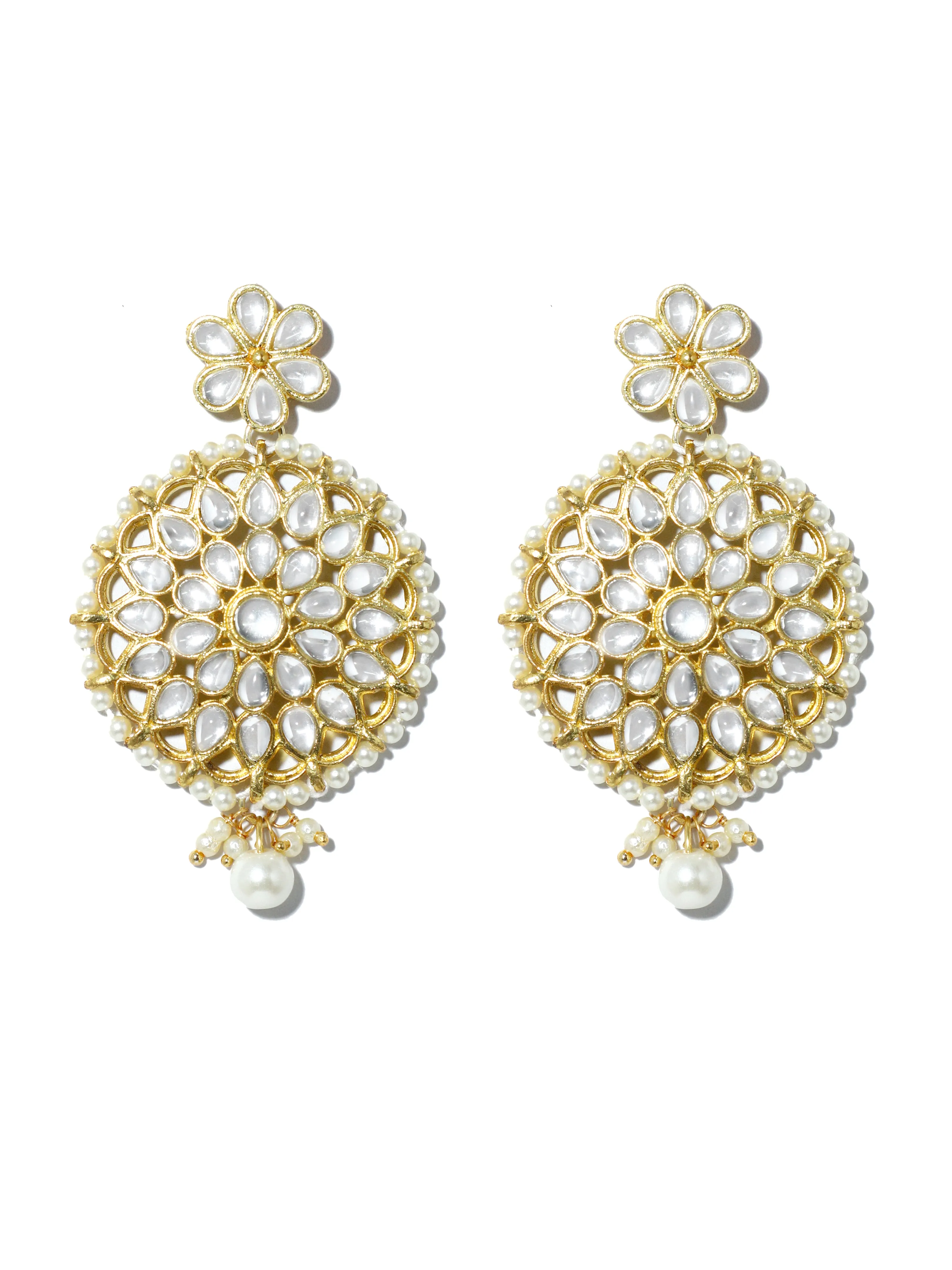 Gold Plated Pearl Bead Kundan Dangler Earrings with Maangtikka