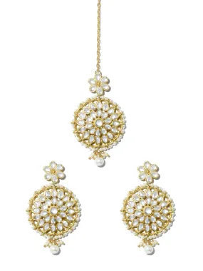 Gold Plated Pearl Bead Kundan Dangler Earrings with Maangtikka