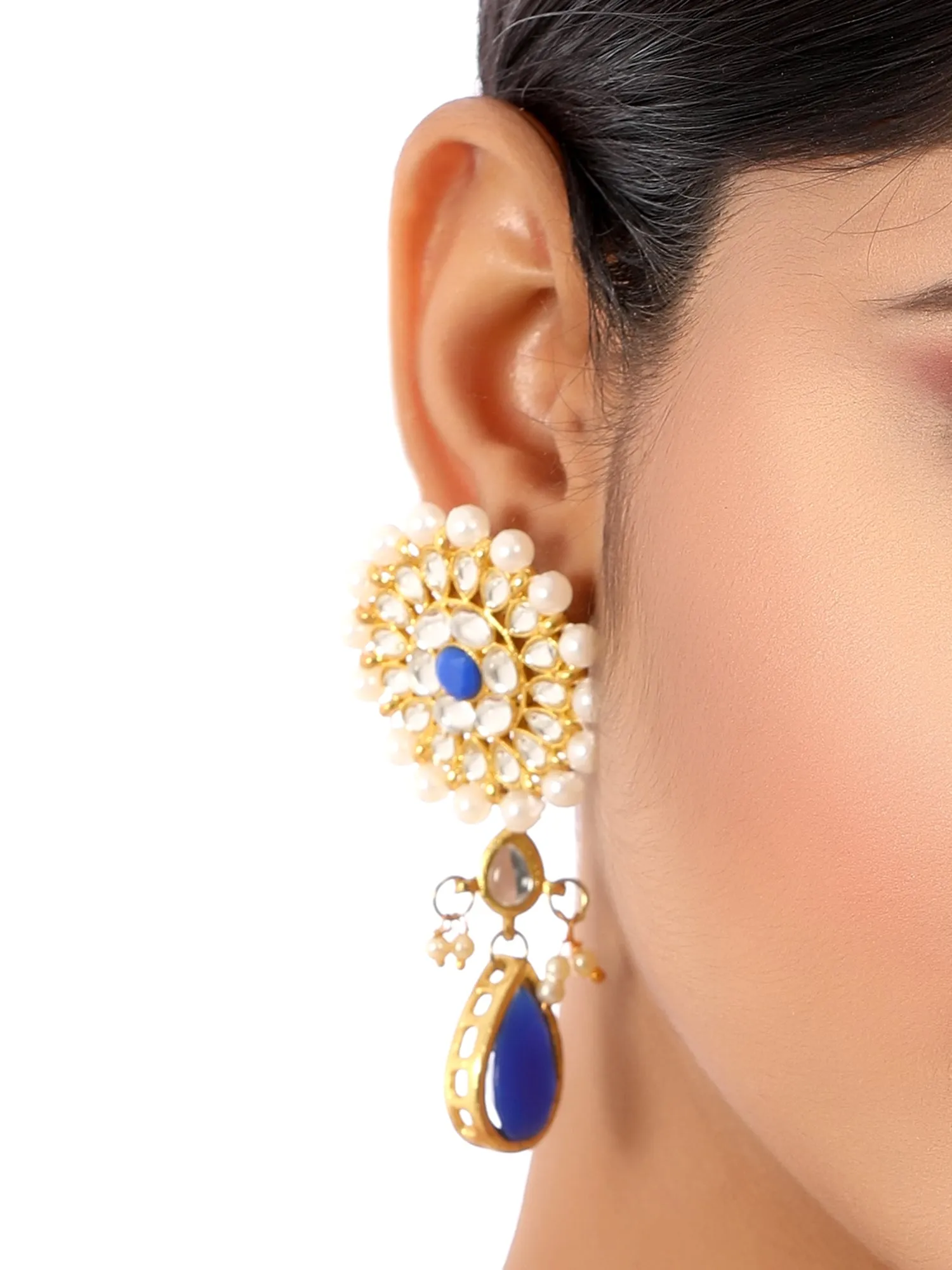 Gold Plated Pearl Beads Kundan Dangler Earrings with Blue Stone