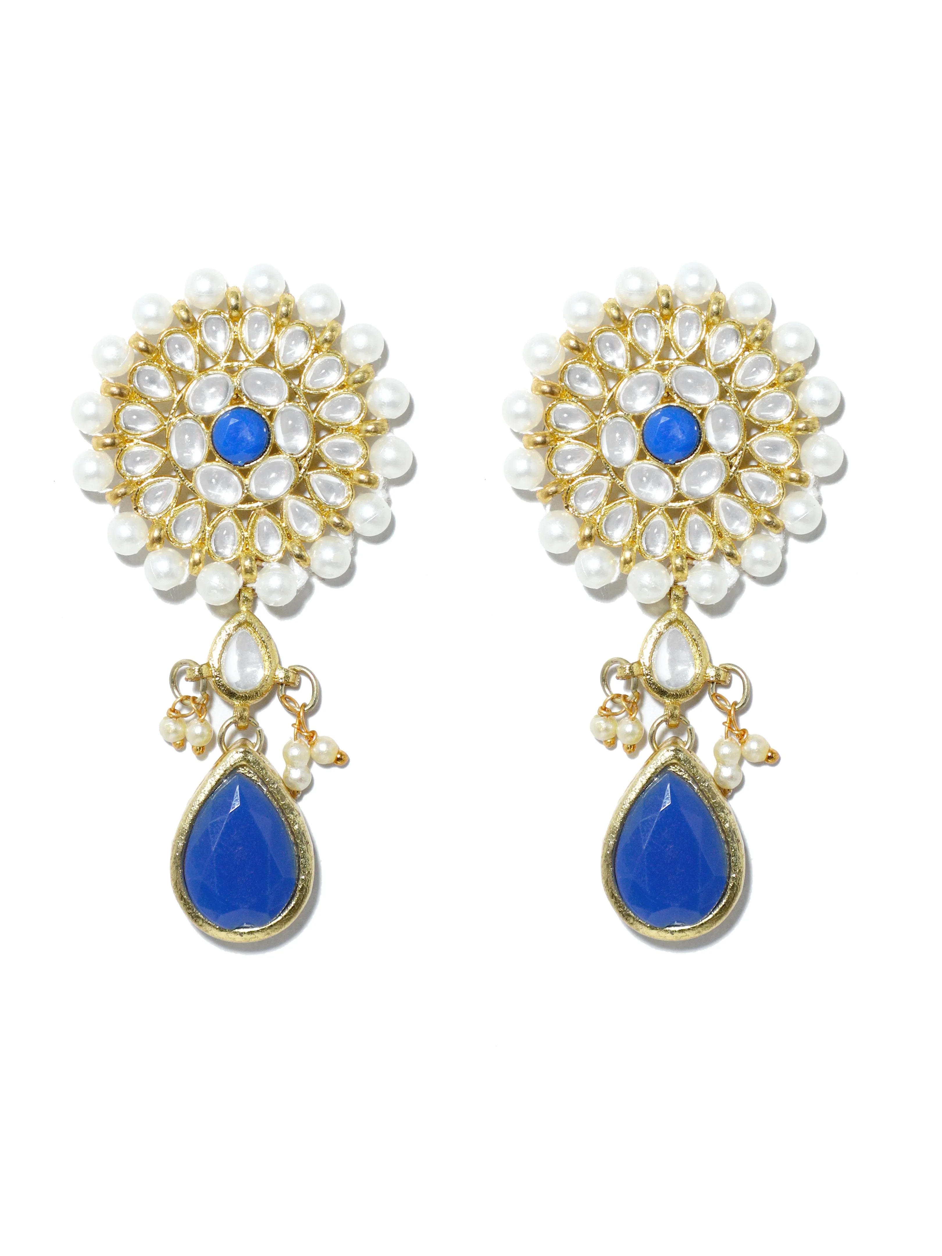 Gold Plated Pearl Beads Kundan Dangler Earrings with Blue Stone