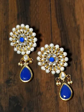 Gold Plated Pearl Beads Kundan Dangler Earrings with Blue Stone