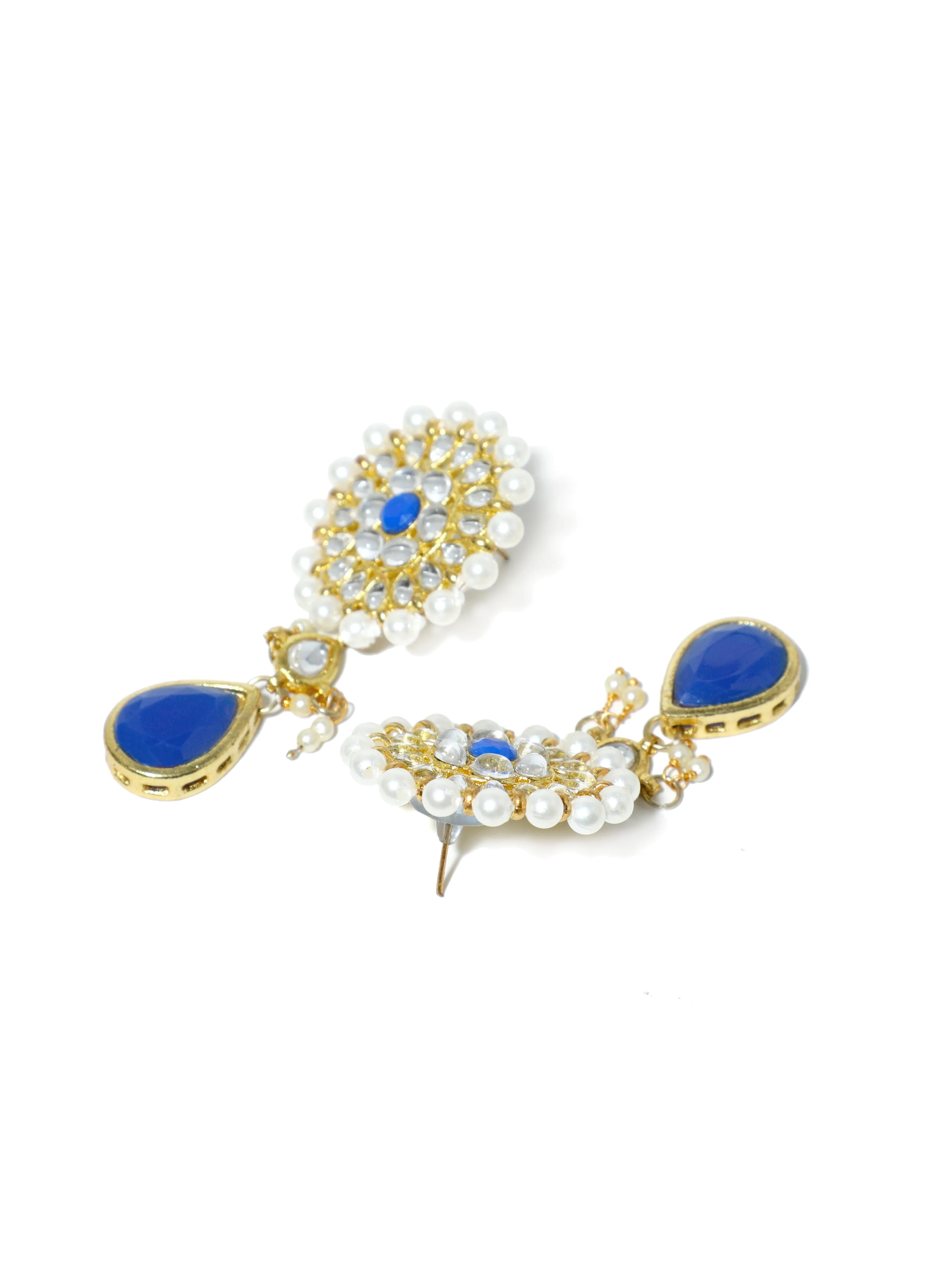 Gold Plated Pearl Beads Kundan Dangler Earrings with Blue Stone