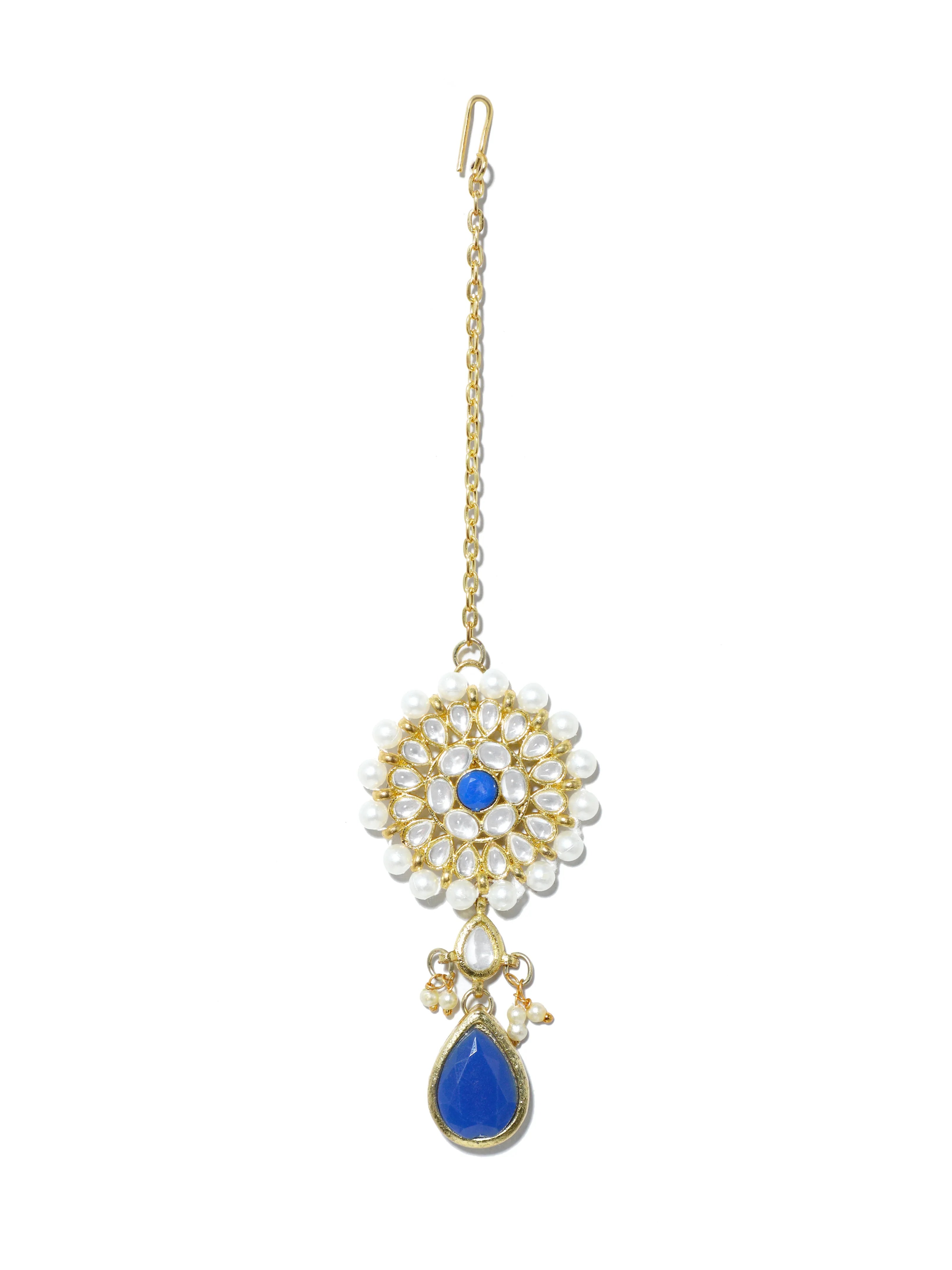 Gold Plated Pearl Beads Kundan Dangler Earrings with Maangtikka